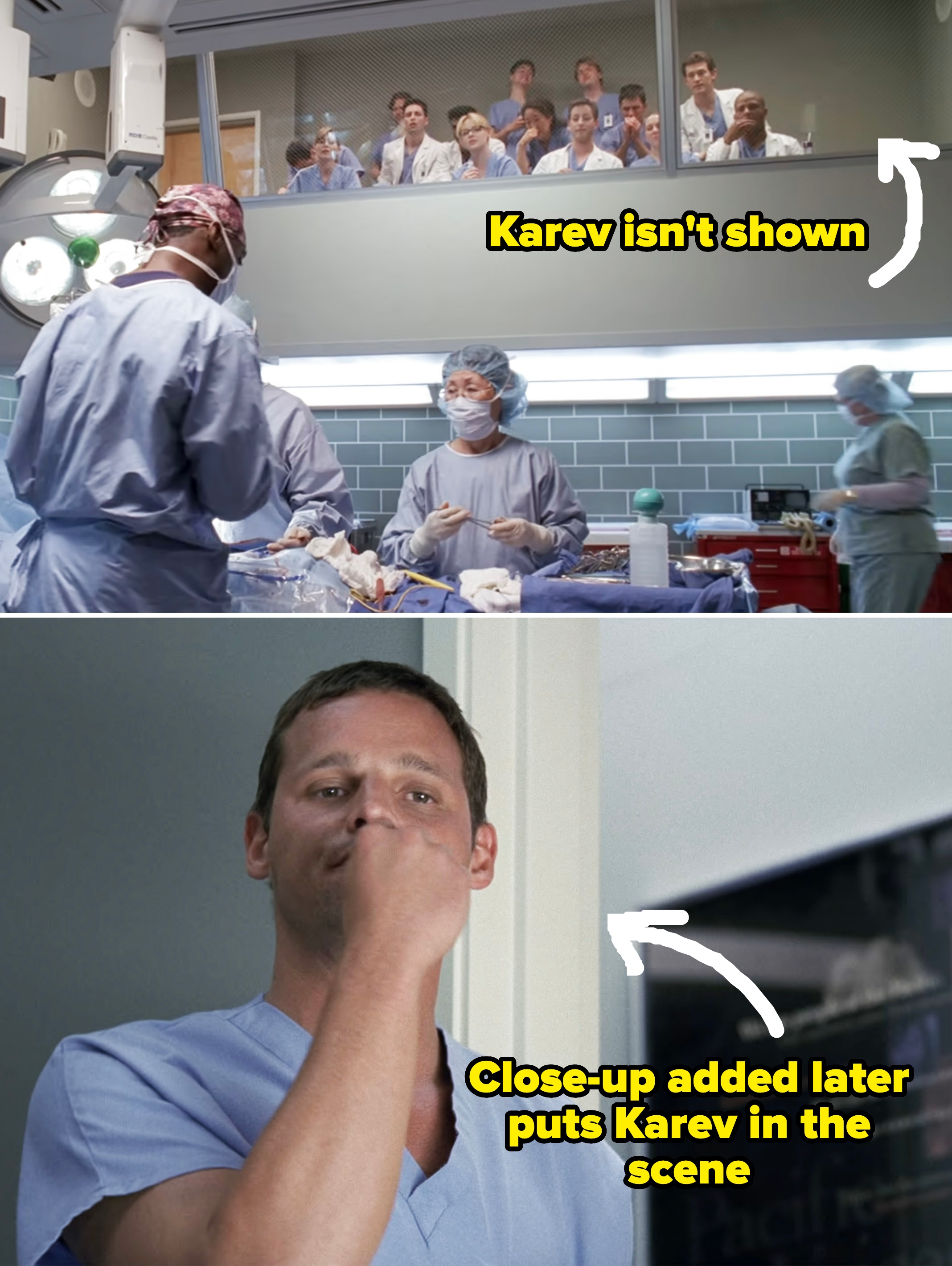 Close-ups of scenes from the pilot showing how Karev isn't show in a wide shot of the interns watching a surgery in the OR gallery vs. a close-up of Karev that puts him in the scene