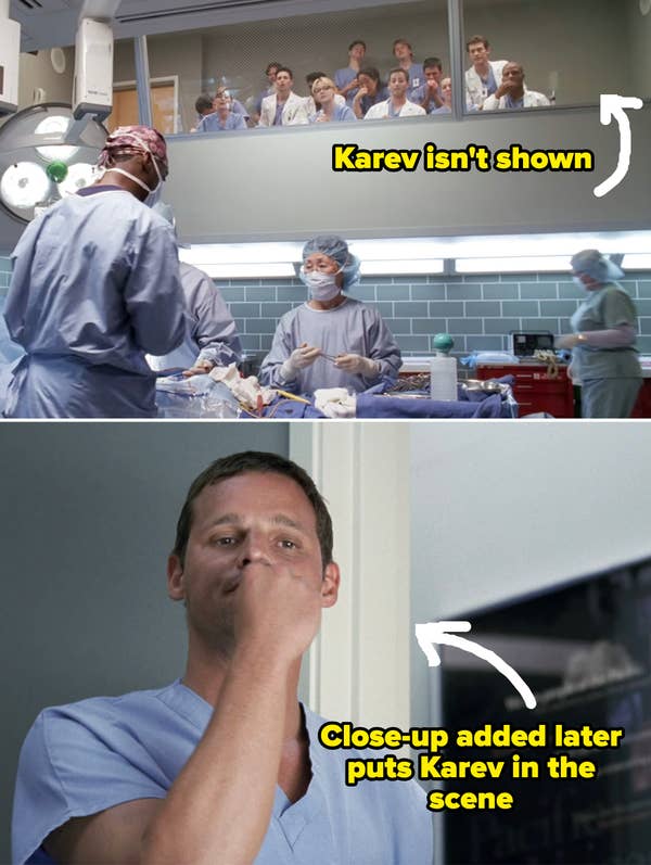 Close-ups of scenes from the pilot showing how Karev isn't show in a wide shot of the interns watching a surgery in the OR gallery vs. a close-up of Karev that puts him in the scene