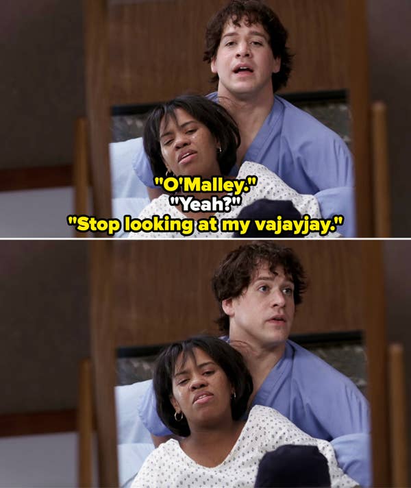 George sitting behind Bailey while she's in labor, and Bailey saying, "Stop looking at my vajayjay"