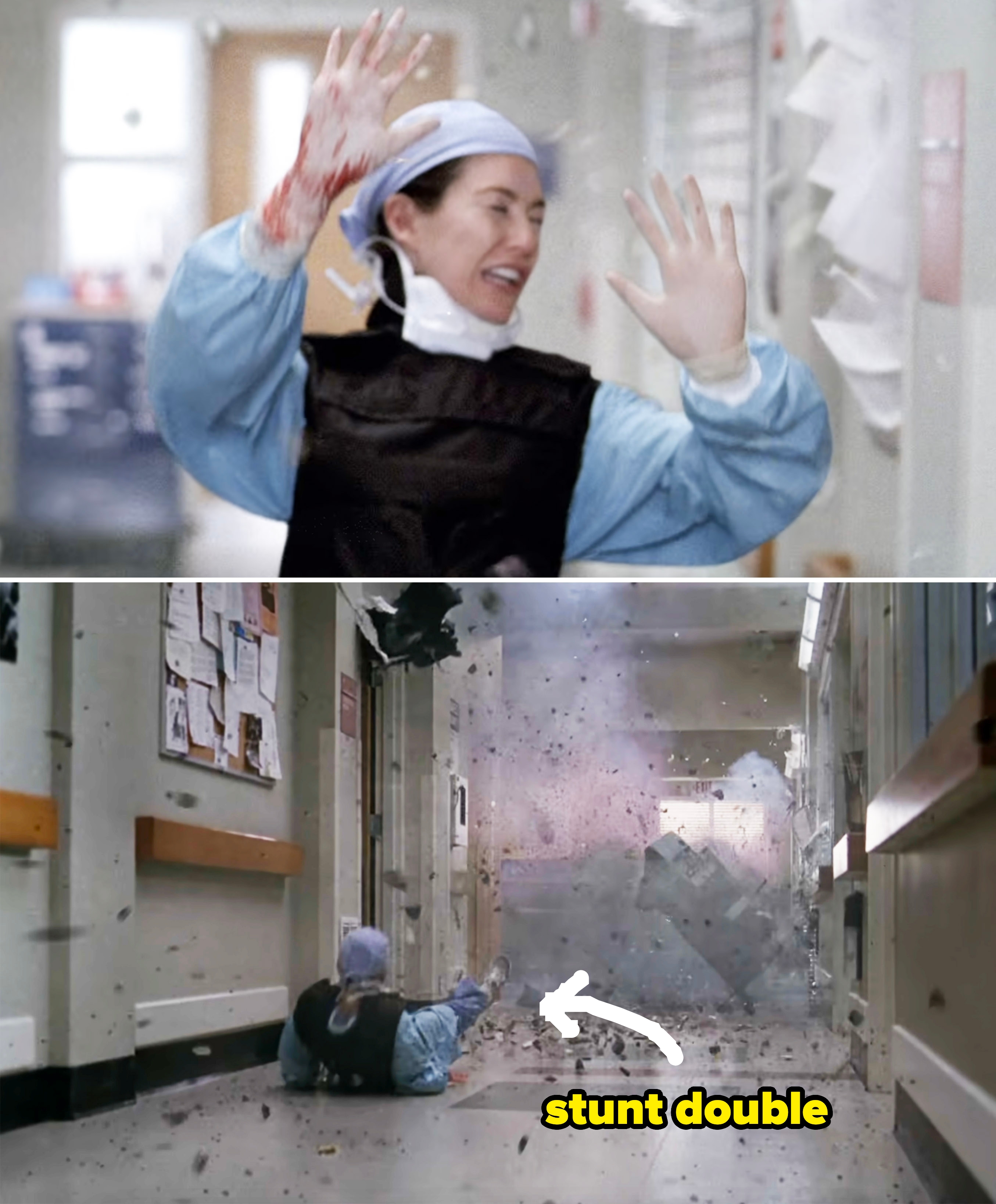 Meredith getting blown backwards after a bomb goes off. Overlay text points out which part was actually a stunt double