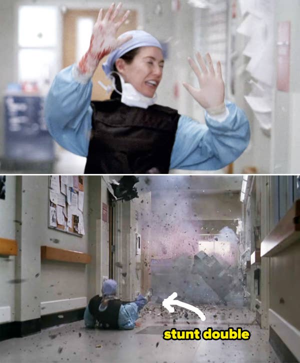 Meredith getting blown backwards after a bomb goes off. Overlay text points out which part was actually a stunt double
