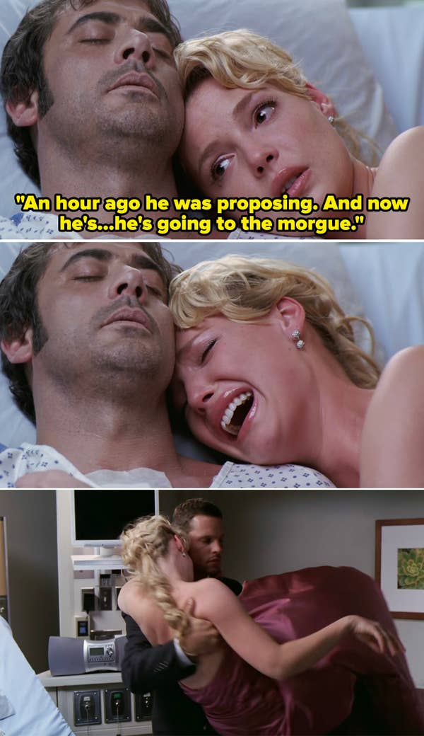 Izzie sobbing over Denny's body and remarking on how an hour ago he was proposing, and now he's headed to the morgue