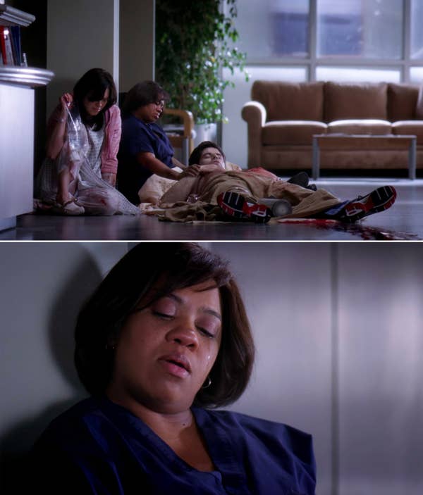 Bailey sobbing over Charles as he bleeds out on the floor of the hospital after getting shot