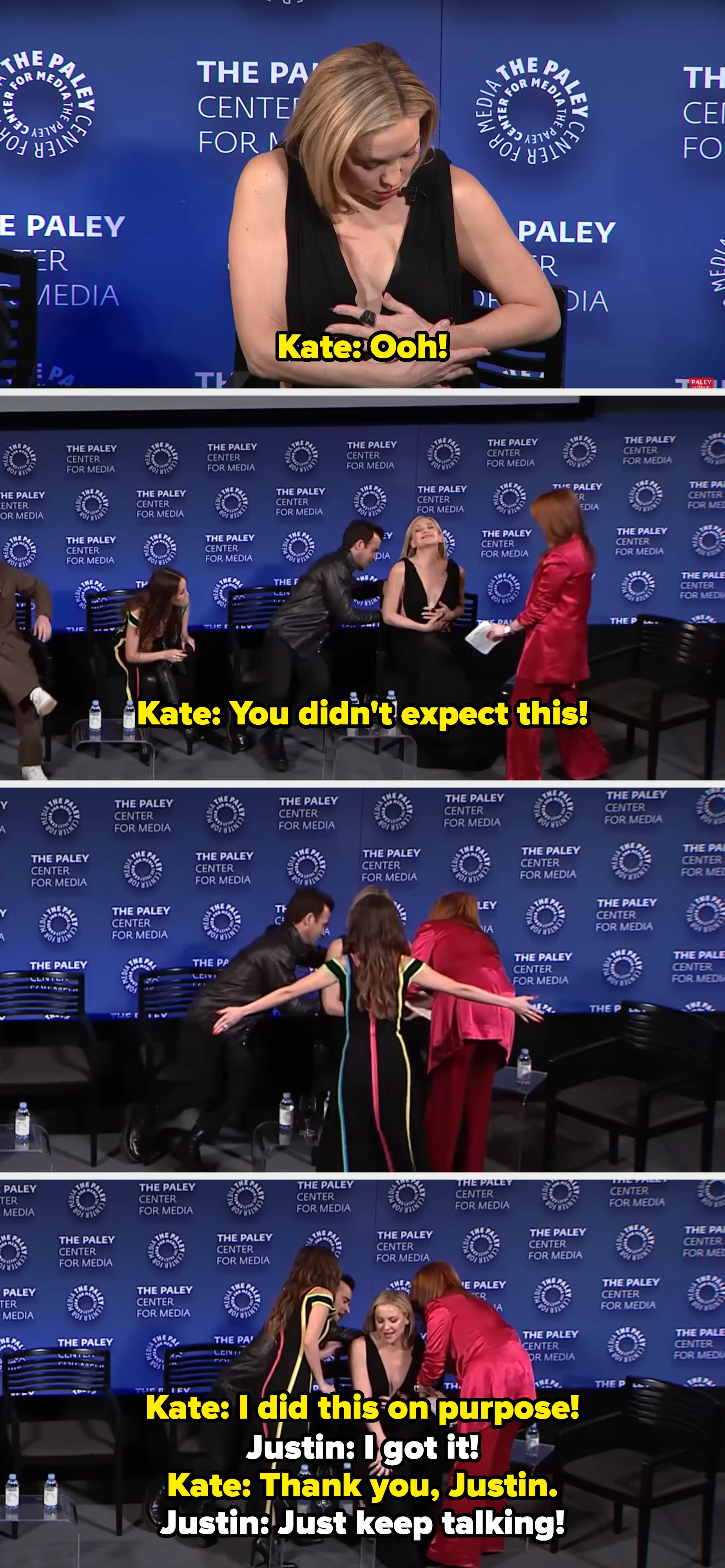 Kate jokingly reacts as her dress strap breaks during an event. Justin helps fix it and Brenda blocks her by standing in front of her