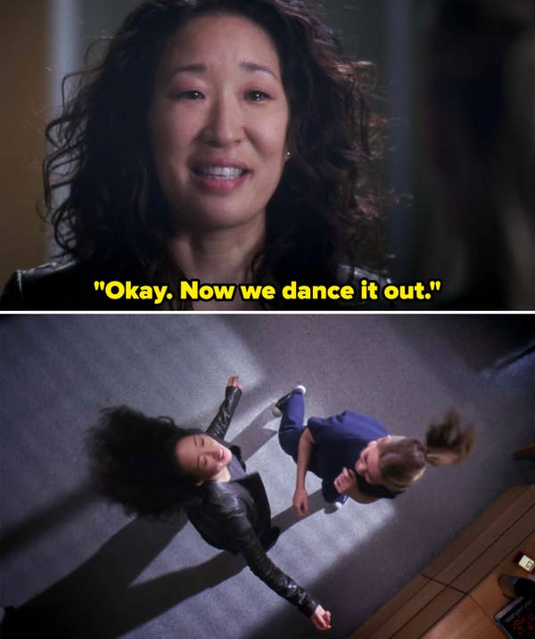 Cristina and Meredith dancing it out and smiling