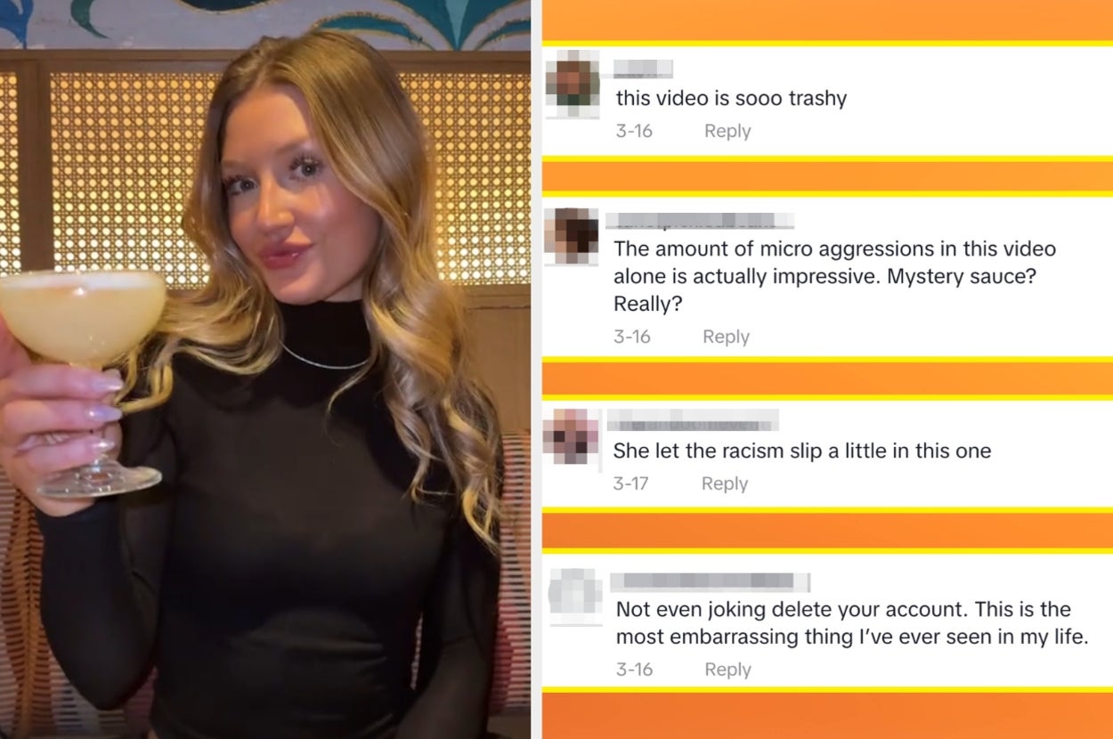 A person holds a drink, smiling. Nearby, comments criticize a video's content, mentioning microaggressions, racism, and embarrassment