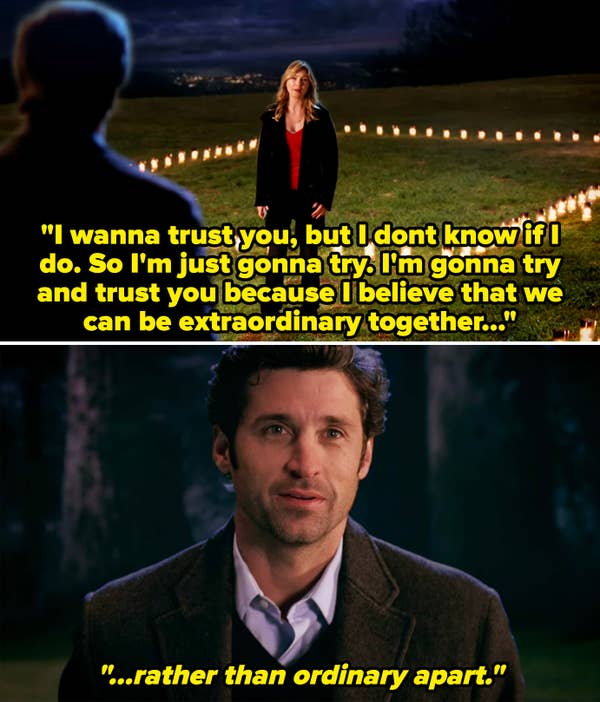 Meredith standing in front of a house made of candles and telling Derek she'd rather they be extraordinary together rather than ordinary apart