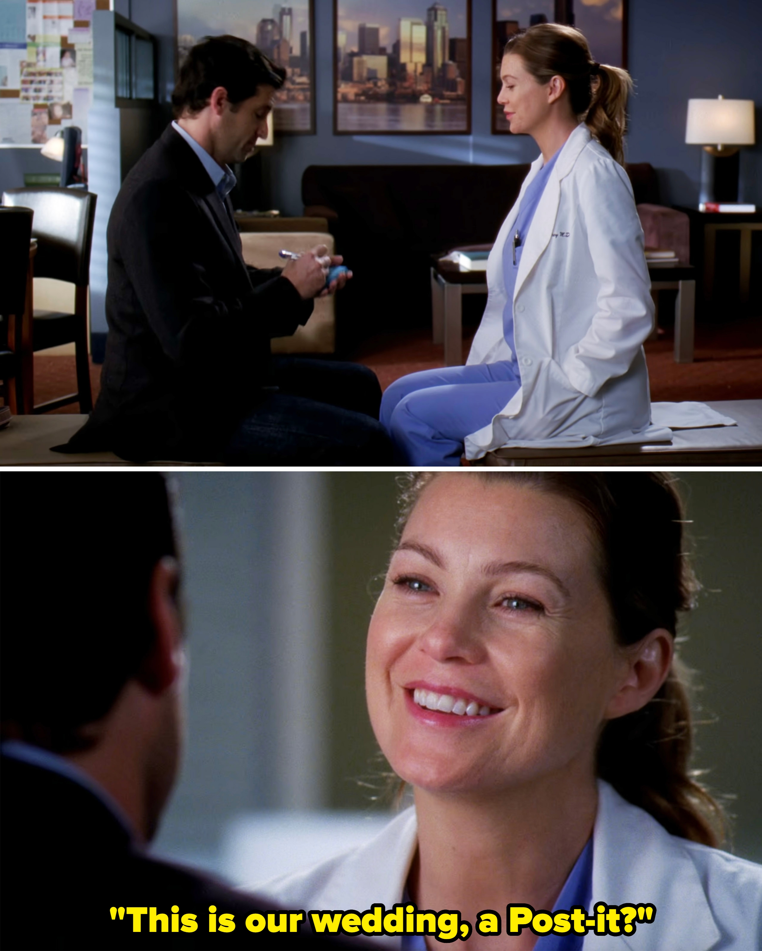 Meredith smiling at Derek as he signs a blue Post-it note, which symbolizes their wedding