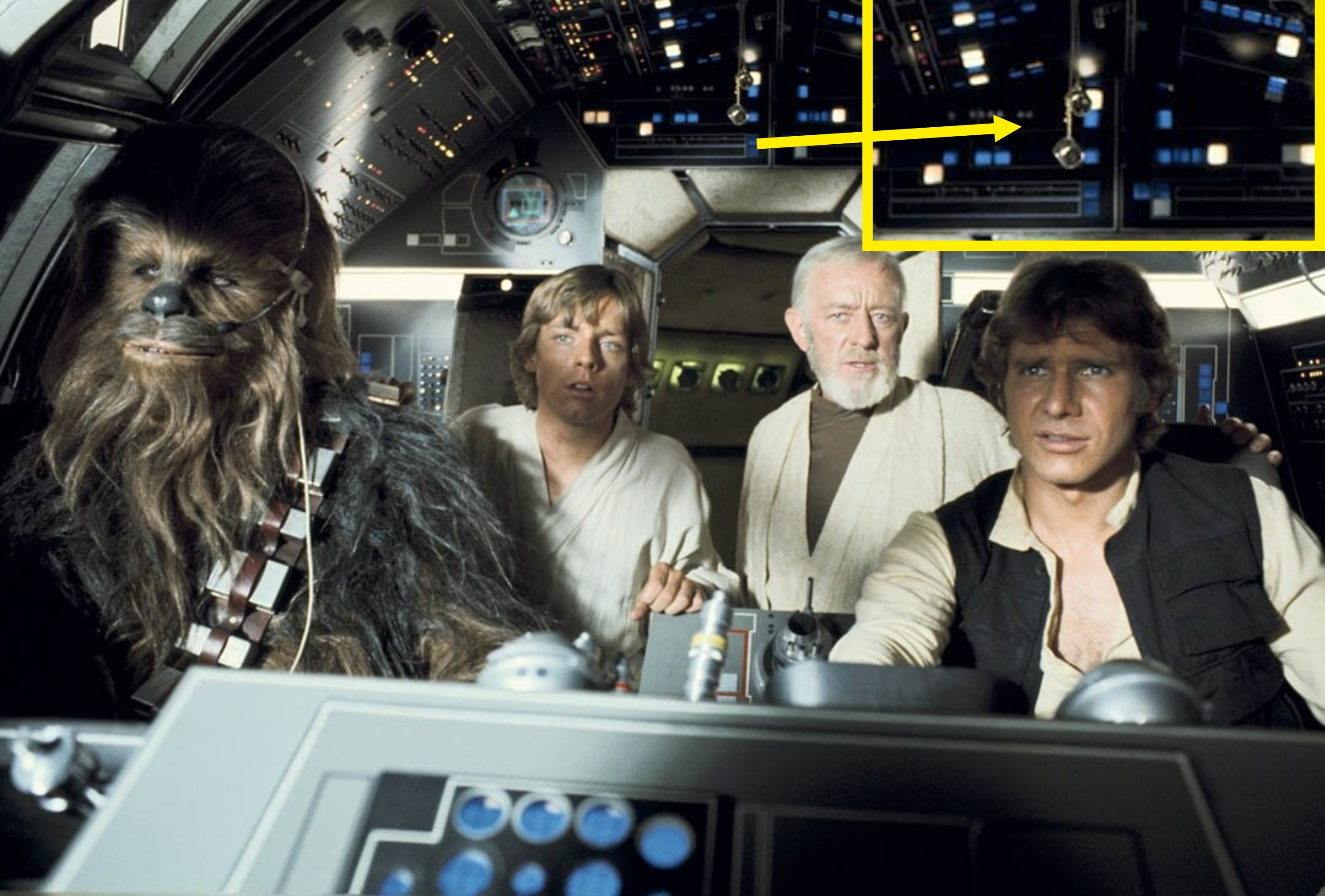 Chewbacca, Luke Skywalker, Obi-Wan Kenobi, and Han Solo aboard the Millennium Falcon cockpit, looking focused and determined