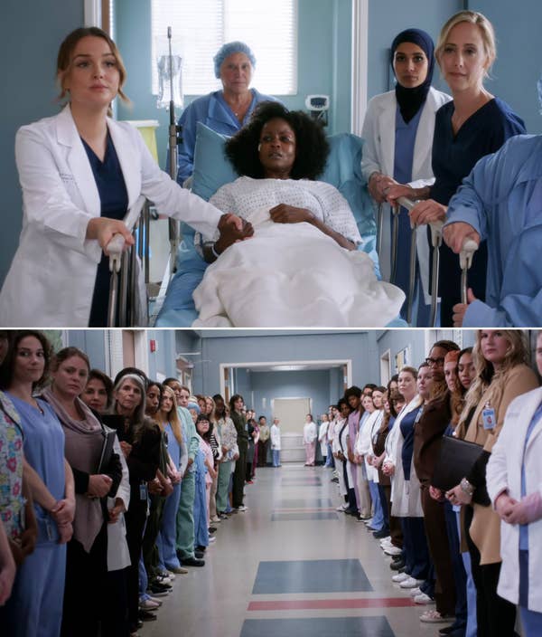 A hallway lined with various female medical professionals in a scene from "Grey's Anatomy"