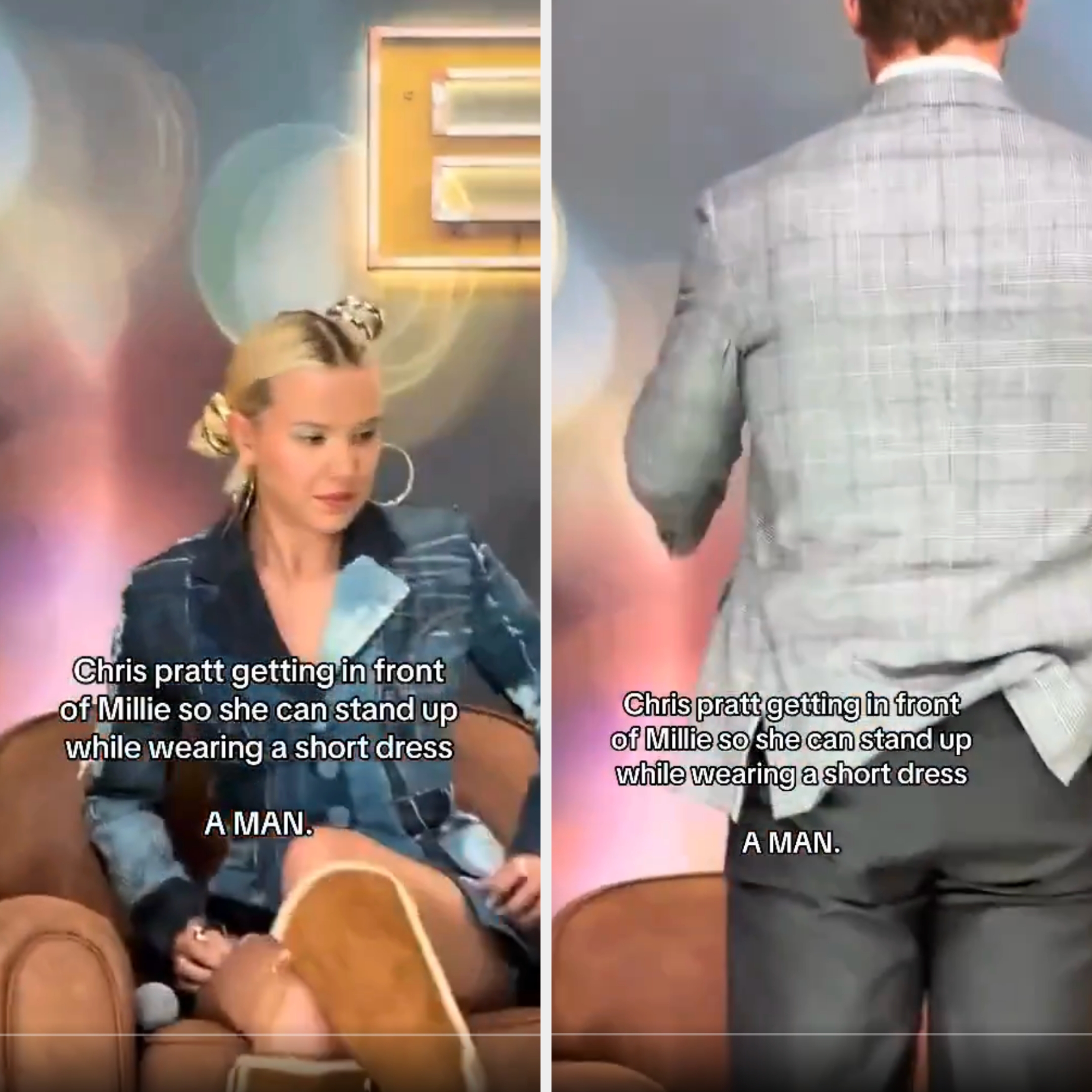 Millie trying to stand up in a short dress, obstructed by Chris moving in front of her. Text from user says the move makes him "A MAN"