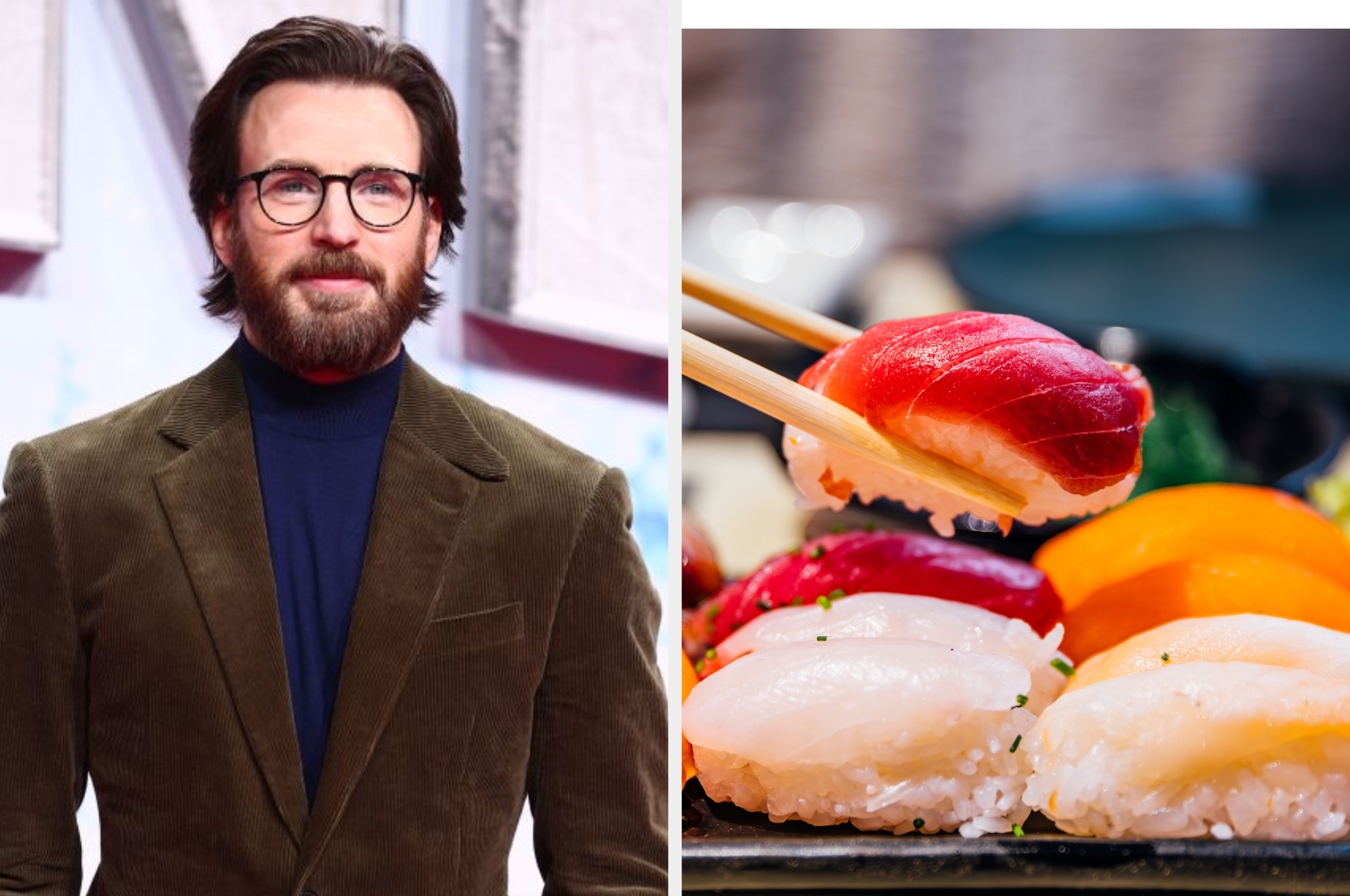 Man in a suit with a beard stands confidently; sushi assortment with chopsticks on the side