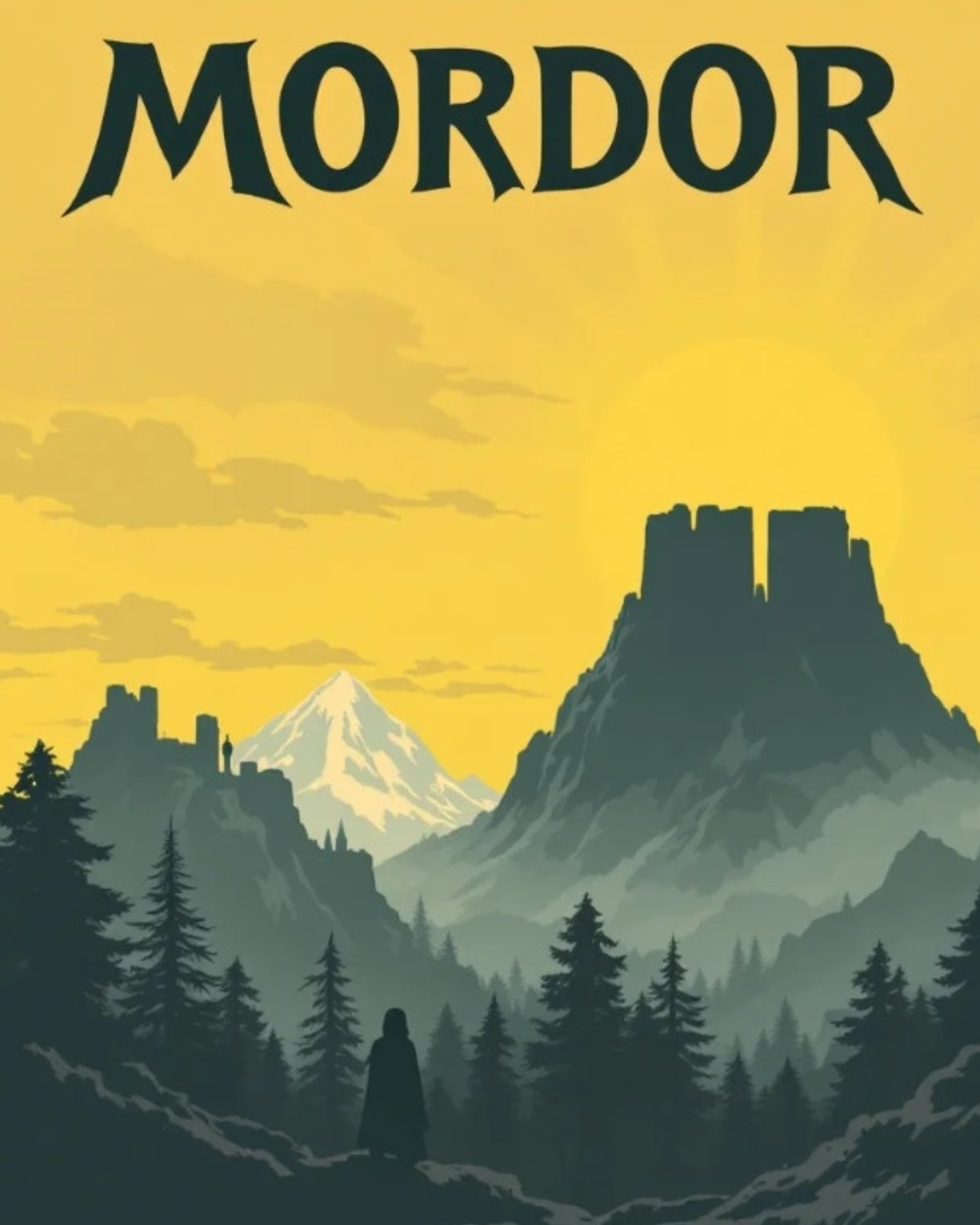 Silhouette of a figure looking at mountains and towers with "Mordor" above, styled like a vintage travel poster