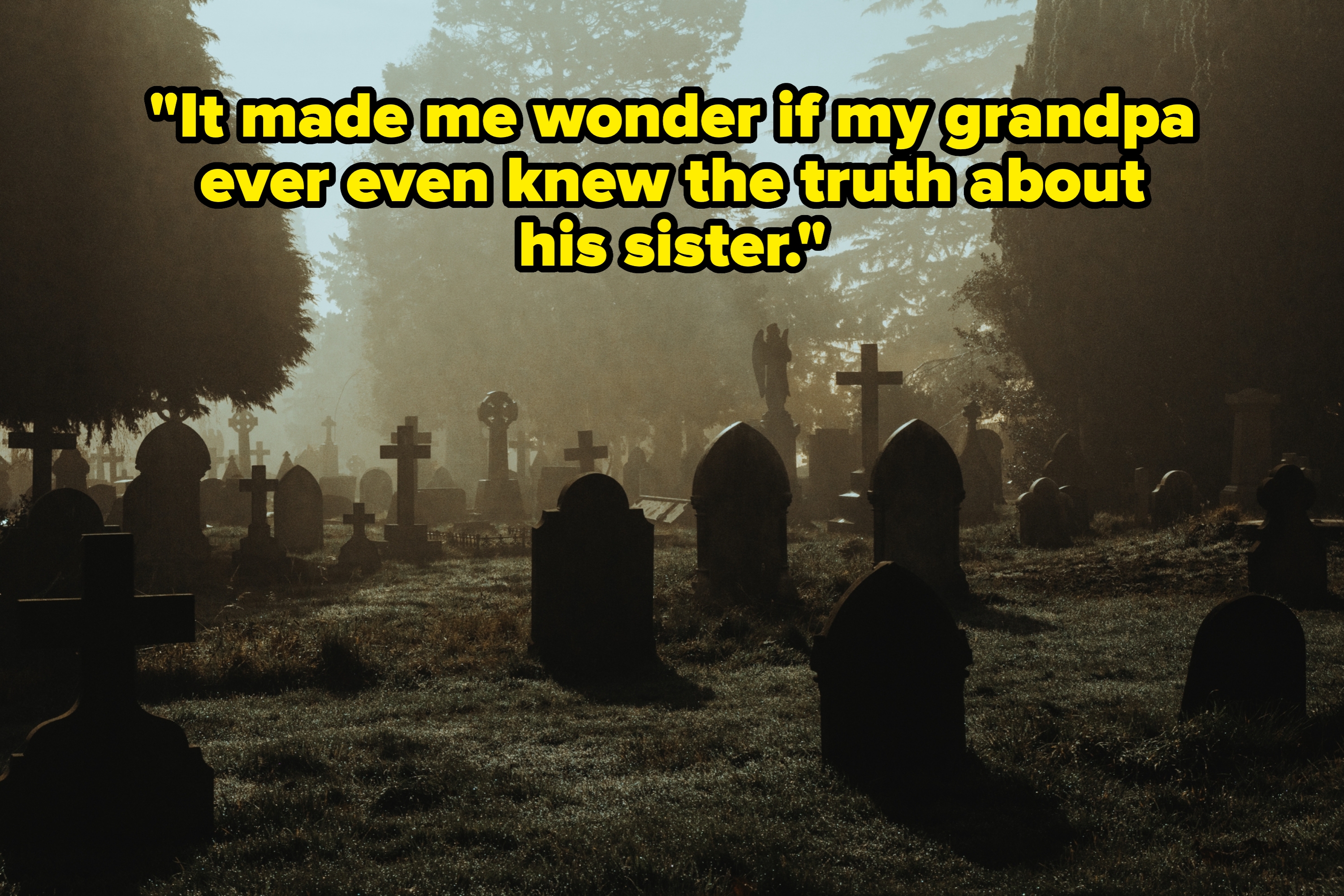 Graveyard at dawn with mist, featuring various tombstones and trees in the background, creating a serene and contemplative atmosphere