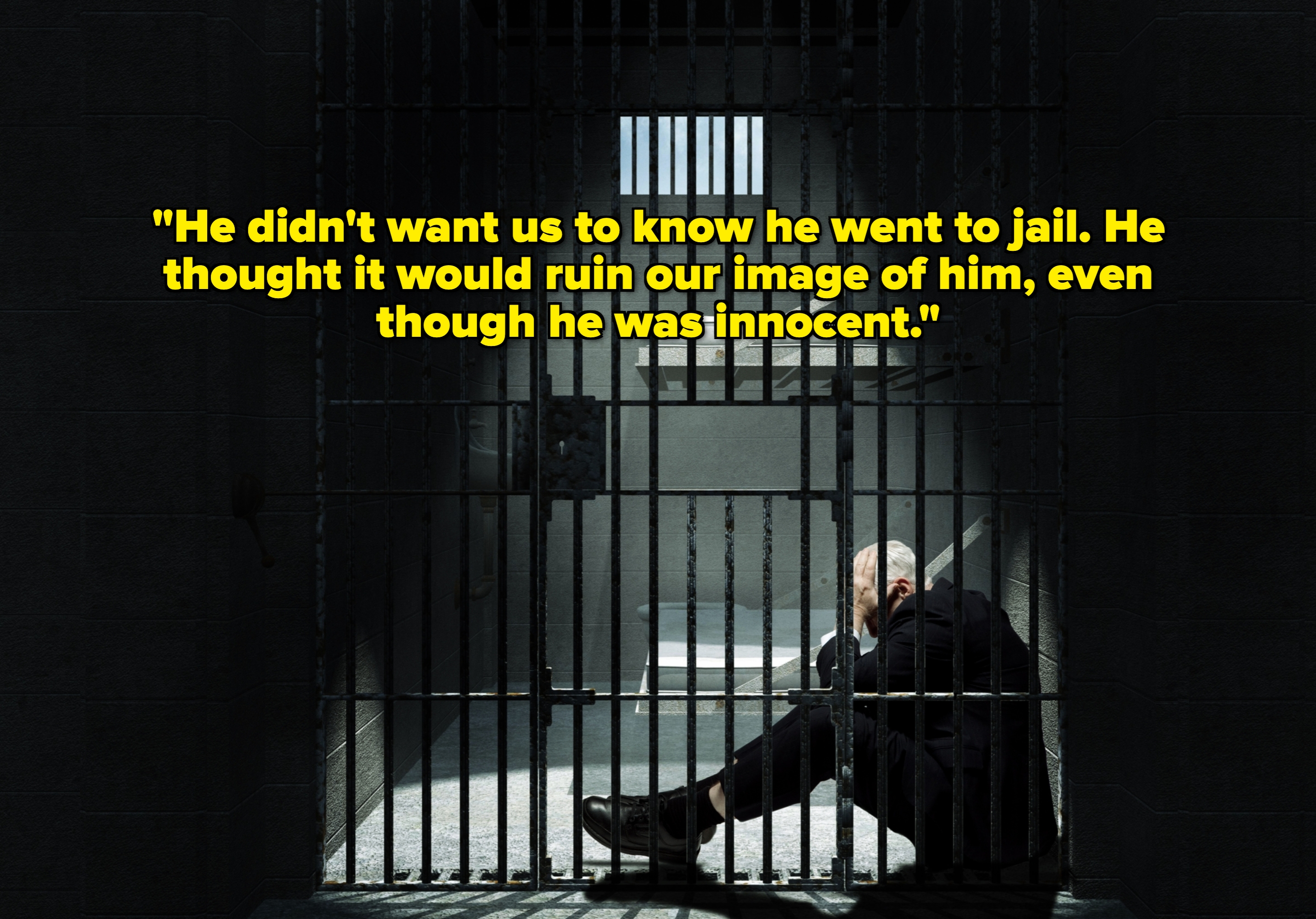 Person sitting on the floor inside a dimly lit jail cell, appearing contemplative, with a bed and small window in the background