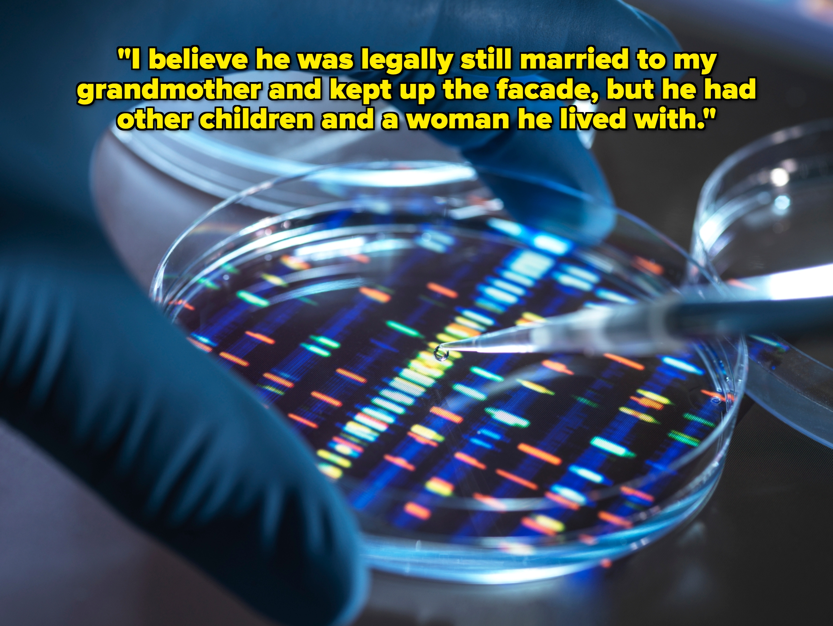 Gloved hands work with a pipette over a petri dish displaying a pattern, suggesting a scientific experiment or DNA analysis