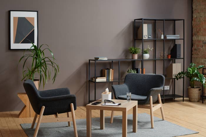 Two modern armchairs facing a small table in a stylish living room setting with shelves and plants. Cozy and contemporary ambiance