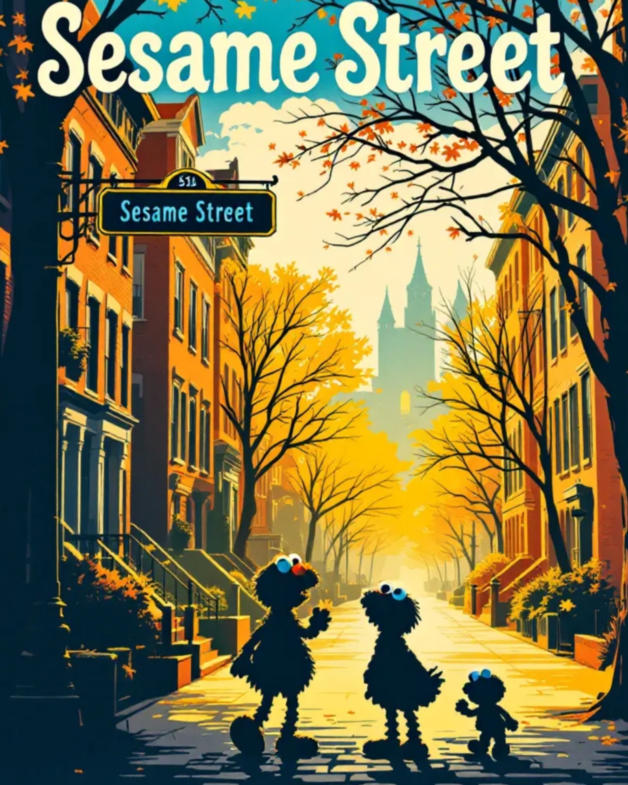 Illustration of Sesame Street characters walking down a sunlit, leafy street, with a sign reading "Sesame Street" above them