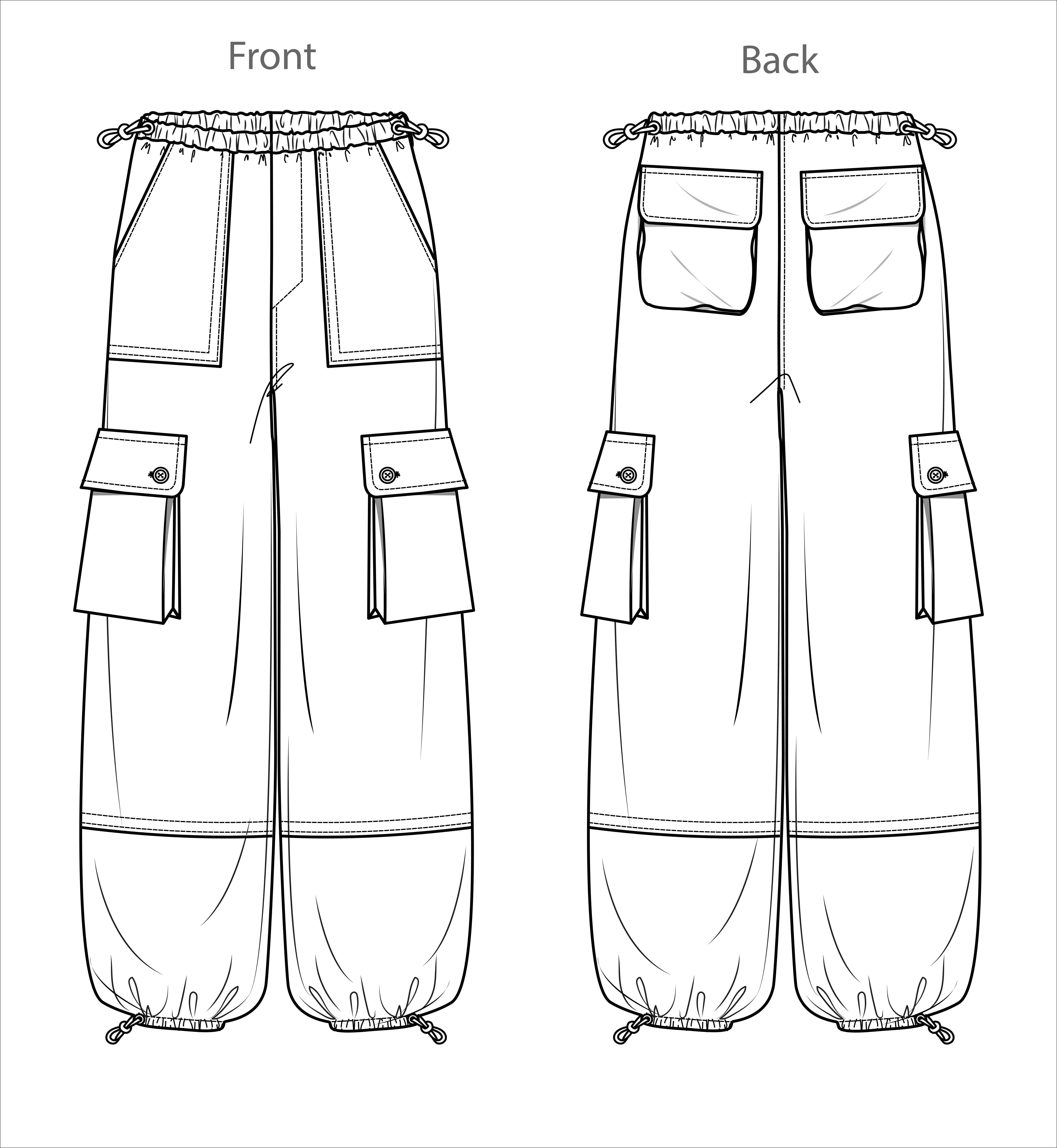 Front and back sketch of cargo pants with drawstring cuffs and multiple pockets, including patch and flap pockets on sides and back