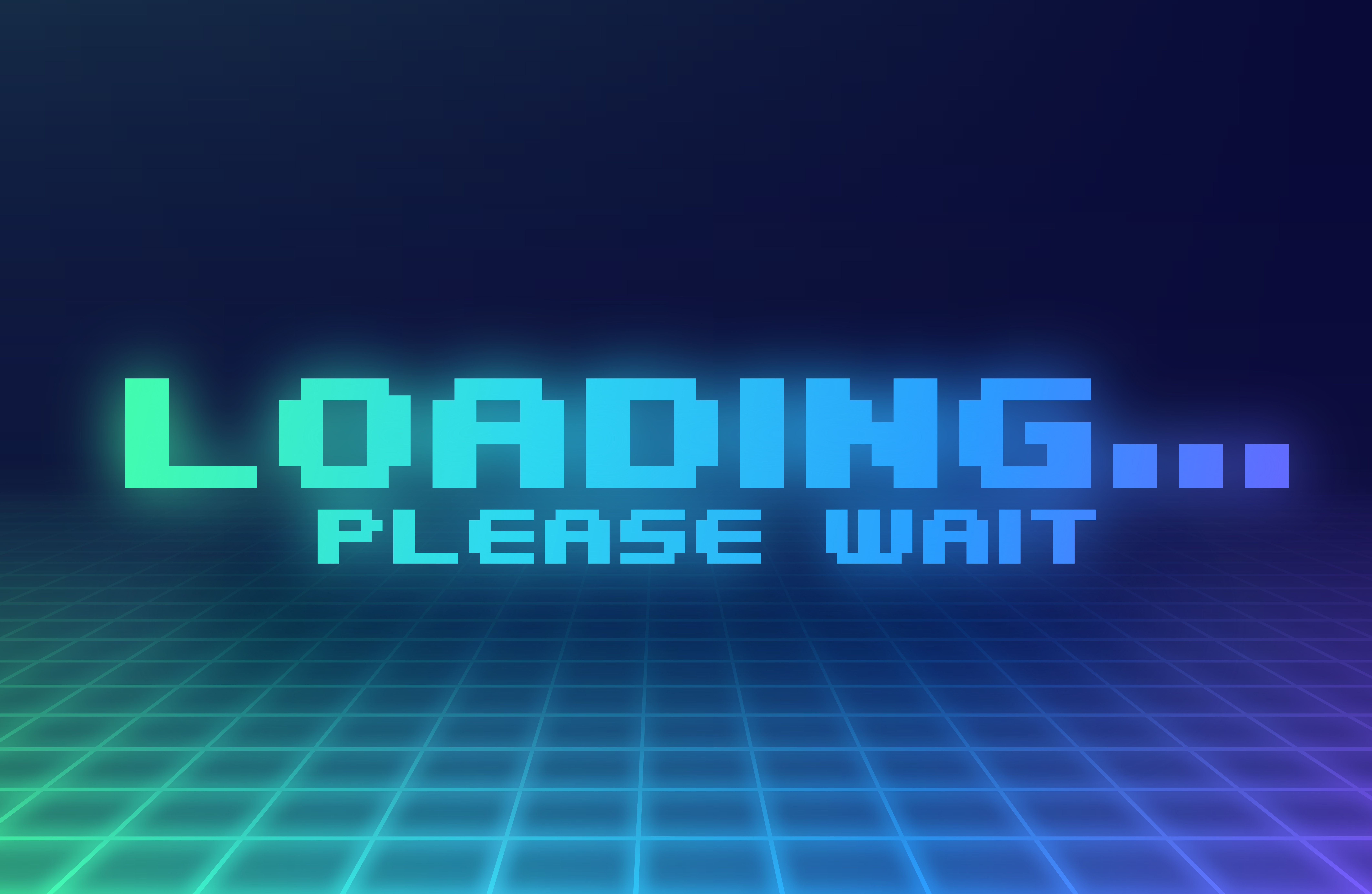 Retro-style digital graphic with large, pixelated text reading "Loading… Please Wait" on a grid background, evoking a vintage computer screen