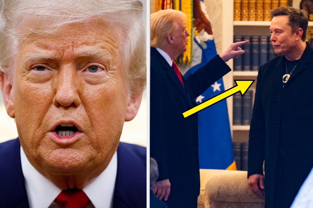 Two-panel image: Left shows a close-up of Donald Trump. Right shows him pointing at Elon Musk in the White House