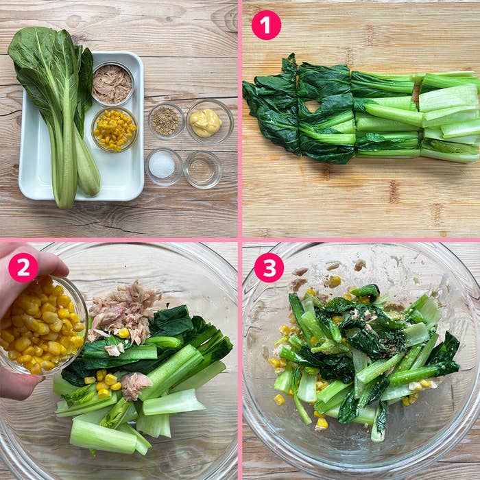 3枚の写真で、コーンのサラダを作る手順を示しています。手順1: 材料を準備、手順2: 材料を混ぜる、手順3: サラダ完成。