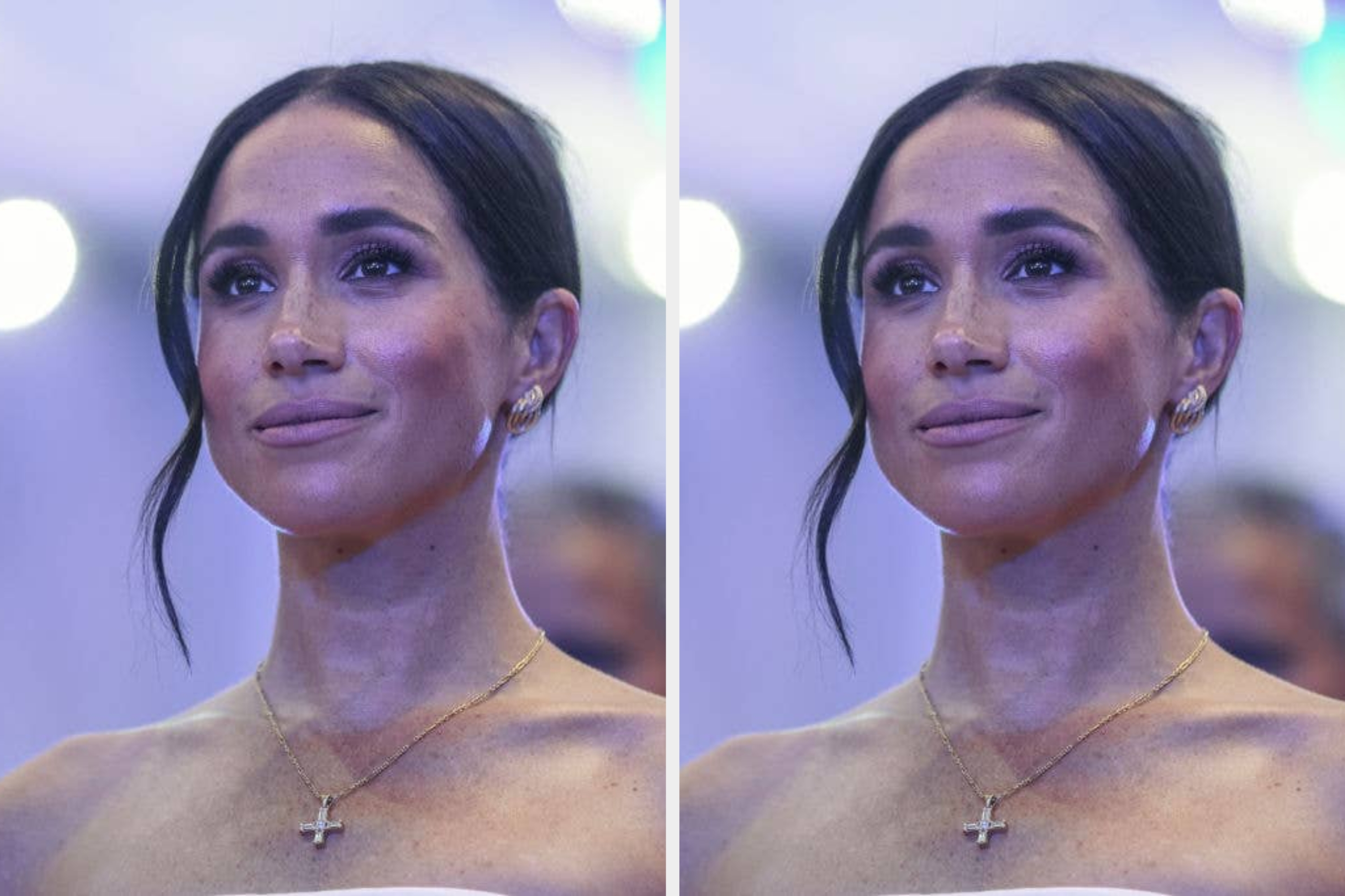 Meghan Markle in glamorous attire with a pendant necklace, gazing ahead with an expression of poise and confidence