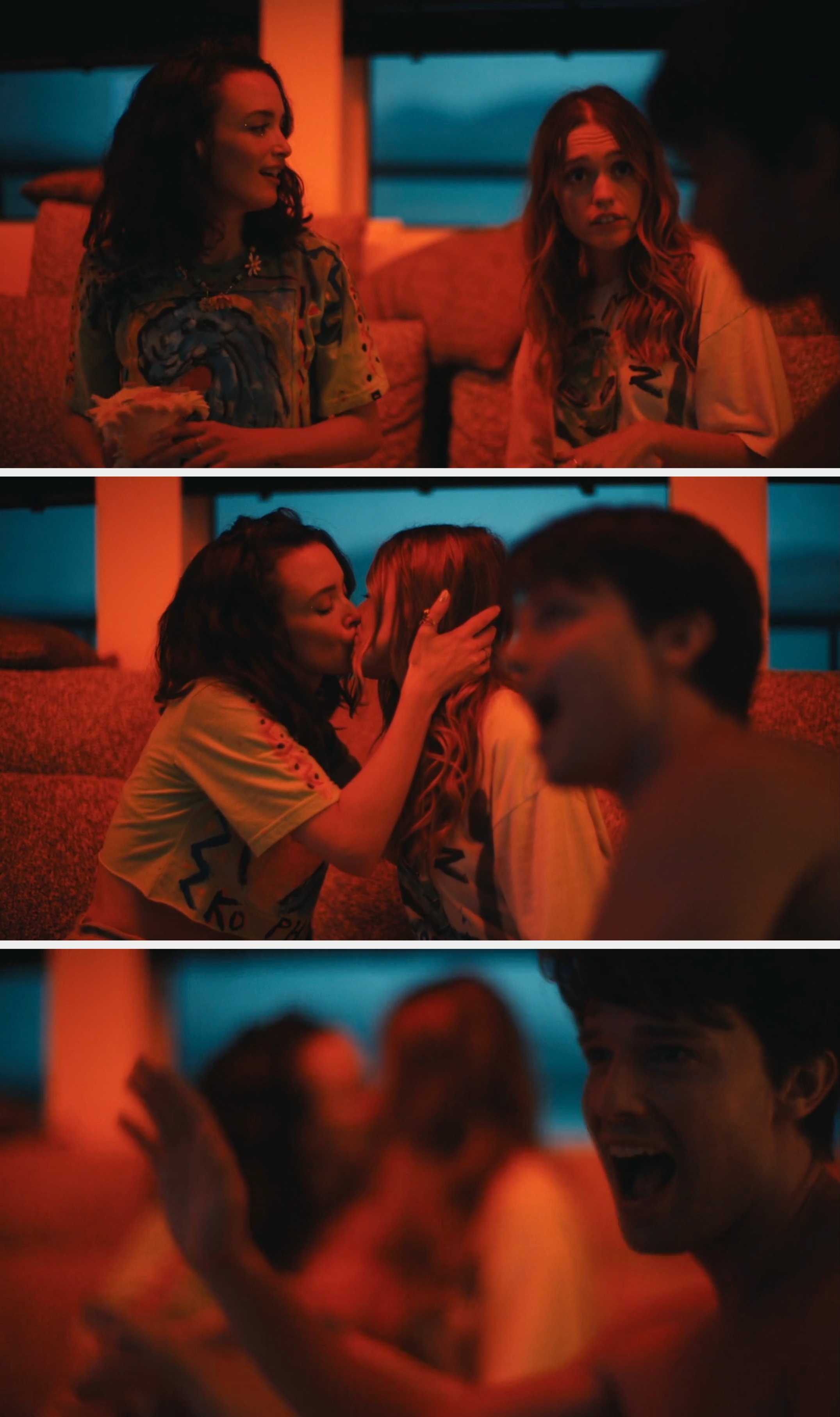 Chloe and Chelsea from White Lotus kissing on the boat, with Saxon's delighted, shocked face reacting in the next slide