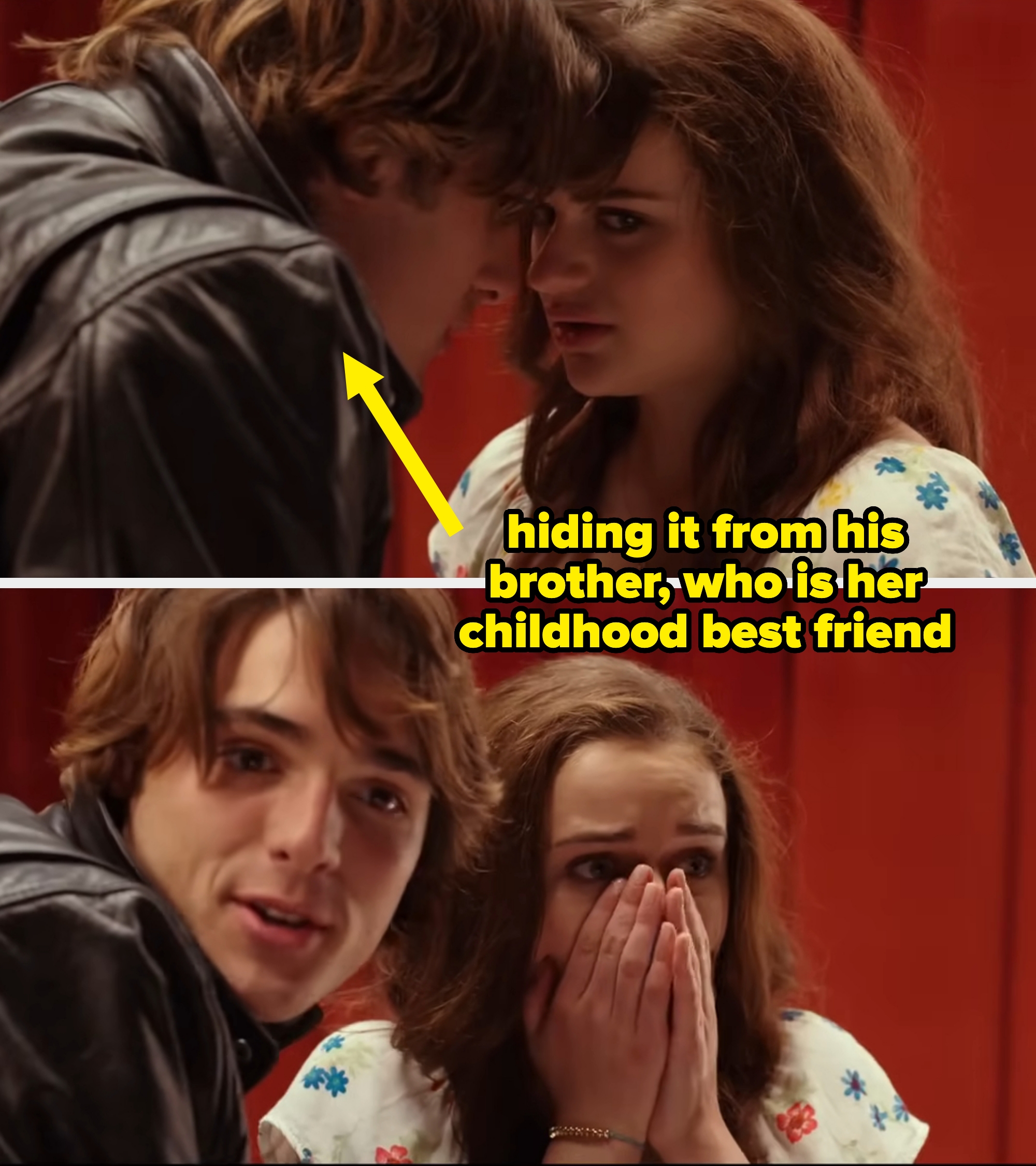 Elle and Noah from "Kissing Booth" looking shocked after Kissing, with text: "hiding it from his brother, who is her childhood best friend."