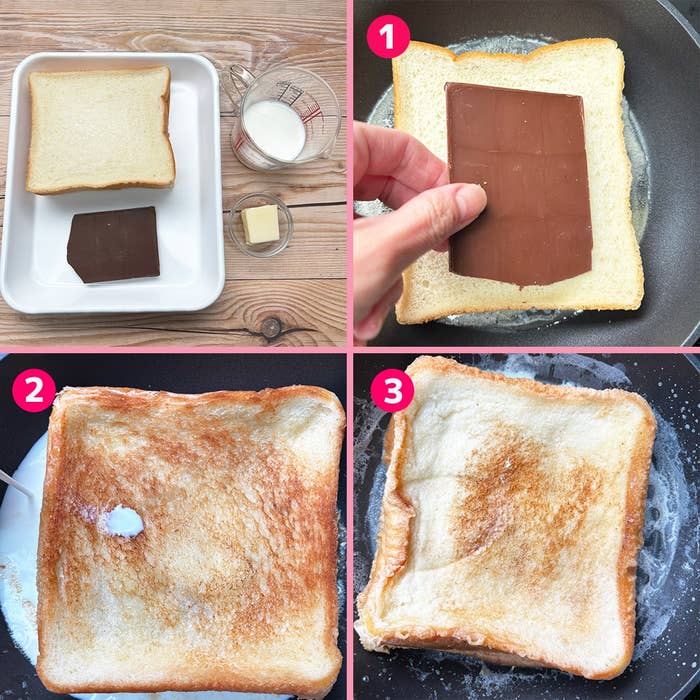 食パンにチョコレートを挟み、フライパンで焼いている様子を順に示す4コマの画像です。