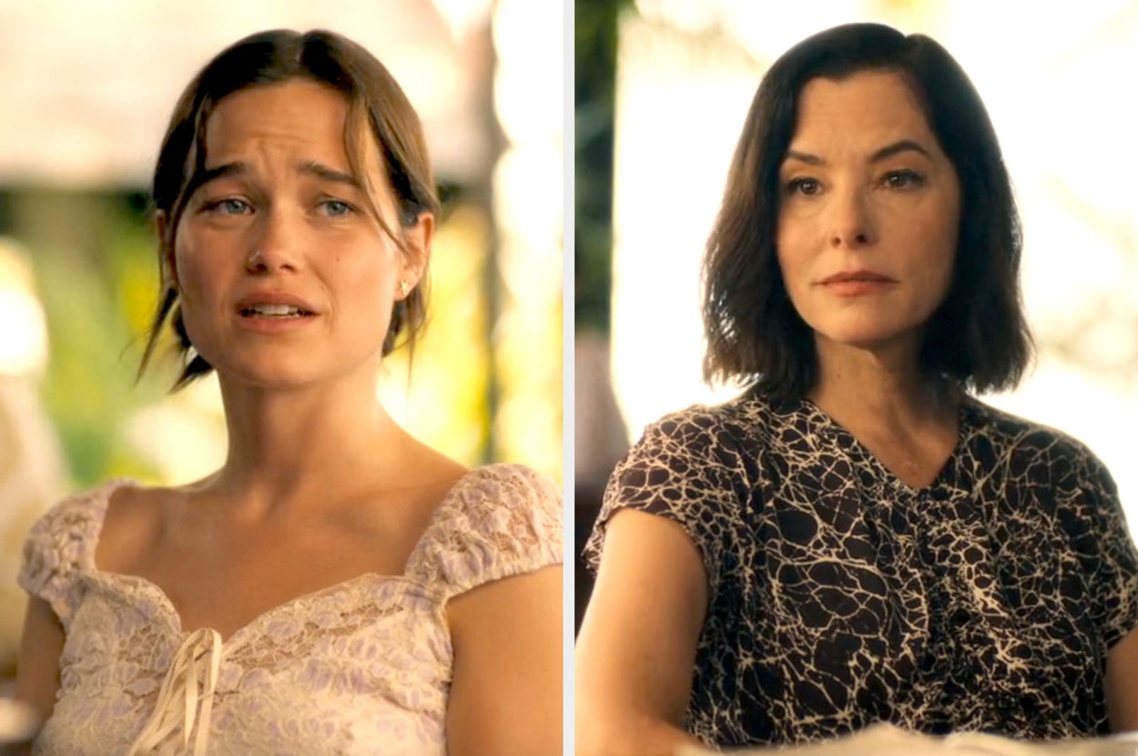 Parker Posey and Sarah Catherine Hook as Piper and Victoria Ratliff in a scene from "The White Lotus"