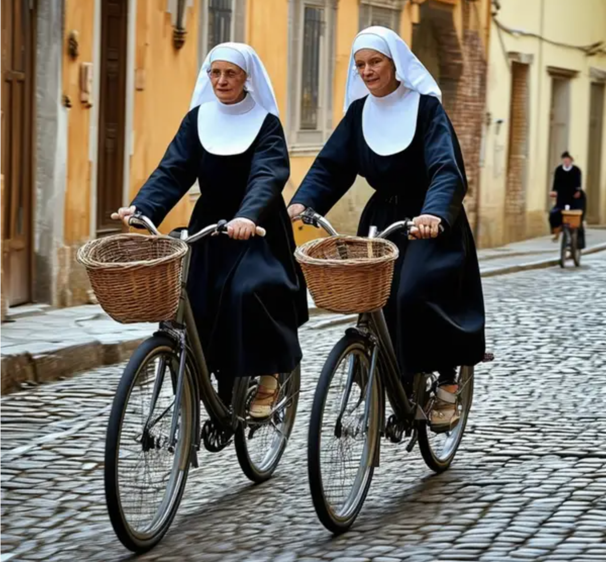 Two nuns ride bicycles with wicker baskets down a cobblestone street, wearing traditional habits and wimples