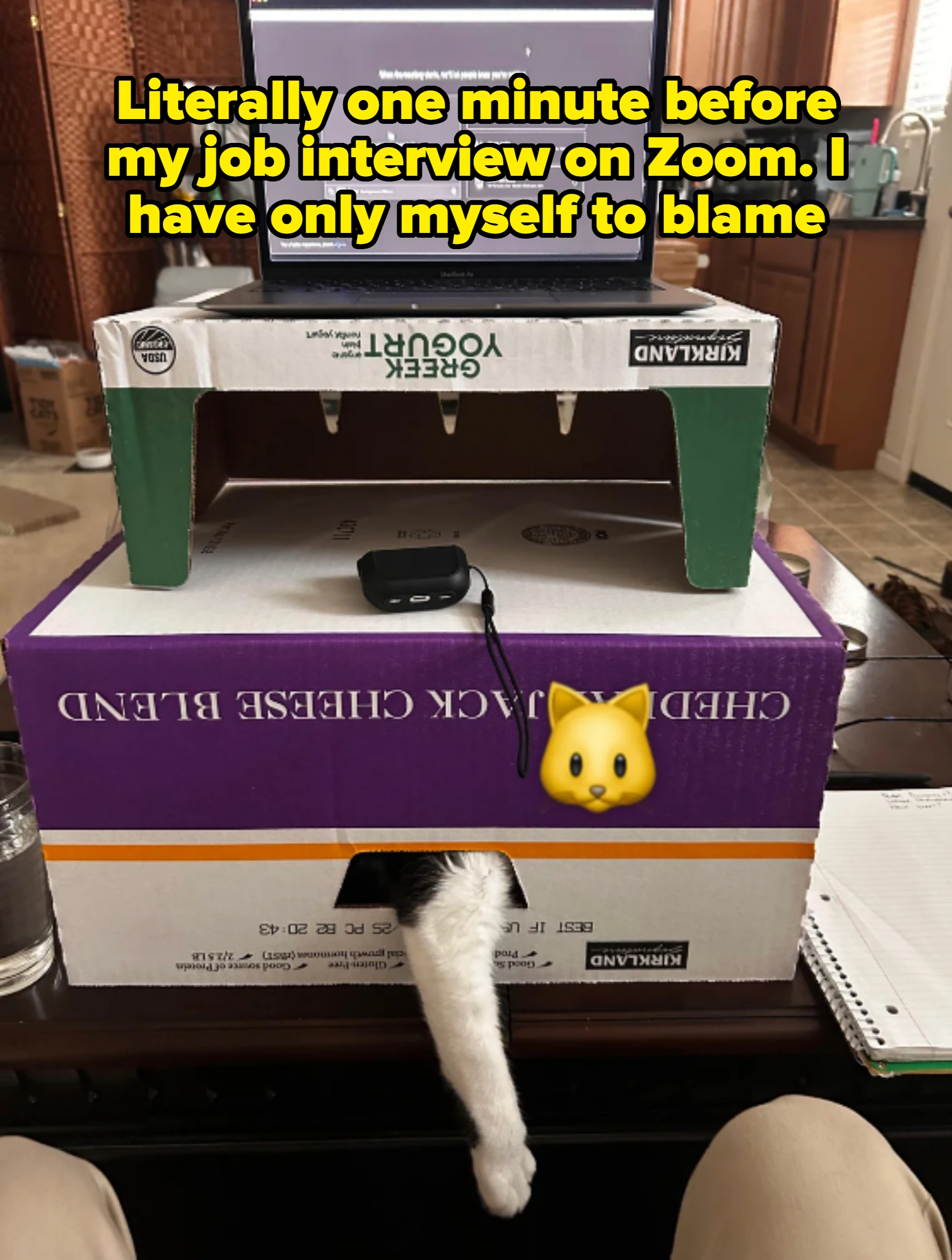 A laptop on a makeshift stand of balanced boxes; a cat is partially inside a box with its tail sticking out