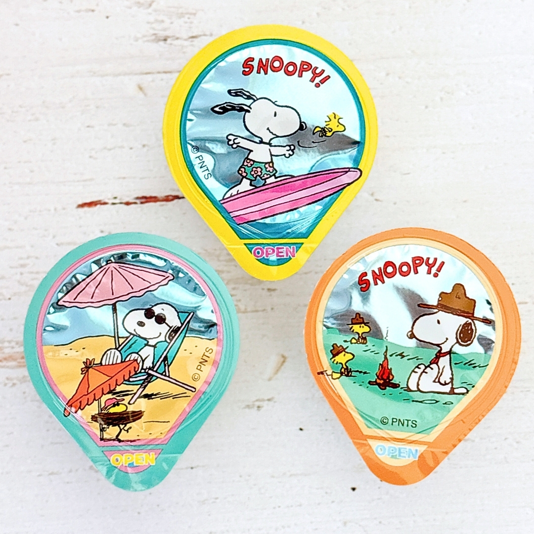 スヌーピーとウッドストックが描かれた3つのスナックパックの蓋。サーフィン、ビーチ、キャンプのテーマです。