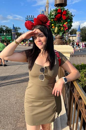 Reviewer wearing the beverage leafage dress