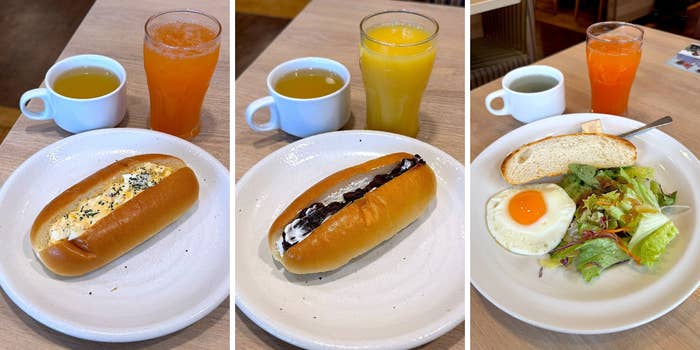 左から順に、たまごサンドとジュース、チョコパンとジュース、目玉焼きとサラダの洋食セット。