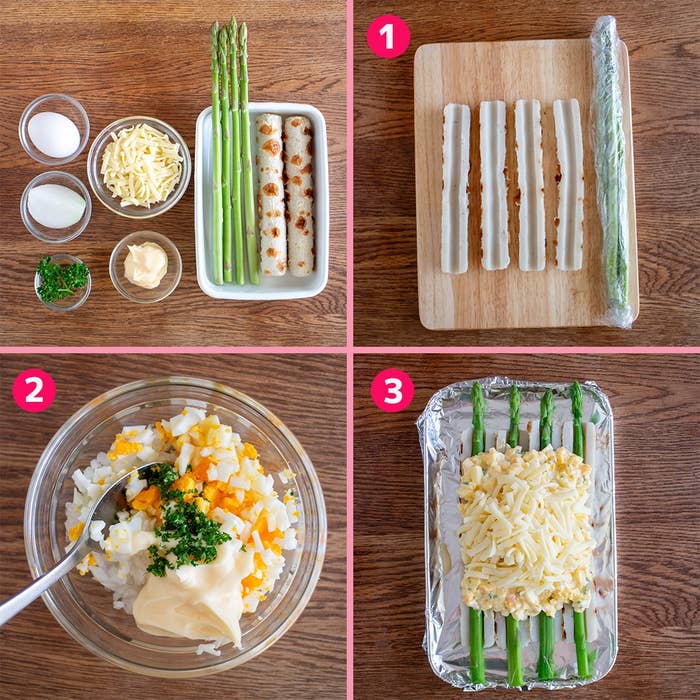 アスパラガス、ちくわ、チーズを使った料理の準備と調理手順3ステップが写っています。