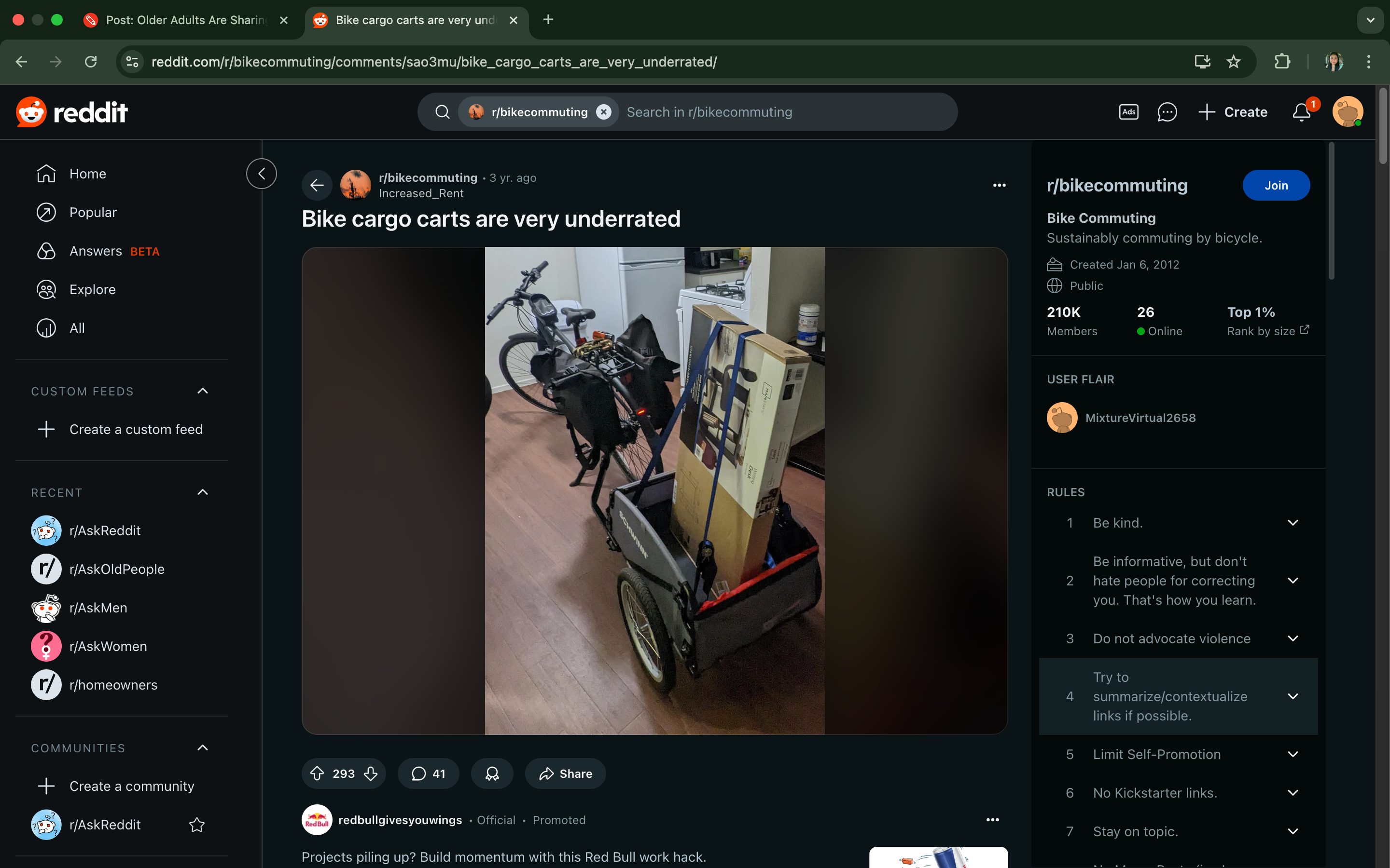 Screenshot of a Reddit post featuring a bike cargo cart with a large box, titled "Bike cargo carts are very underrated," by user rbikecommuting