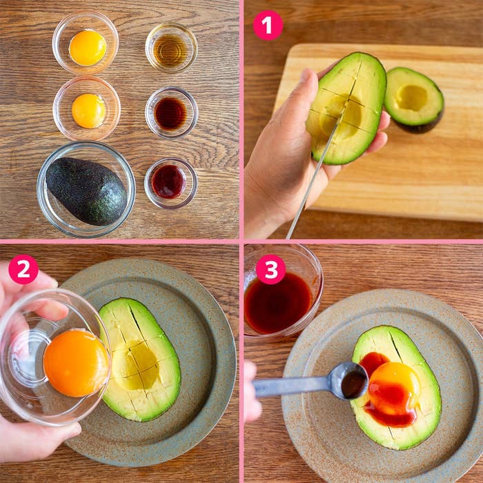 アボカドに卵黄とソースを加える調理手順が示された画像。材料と手順が順に示されている。