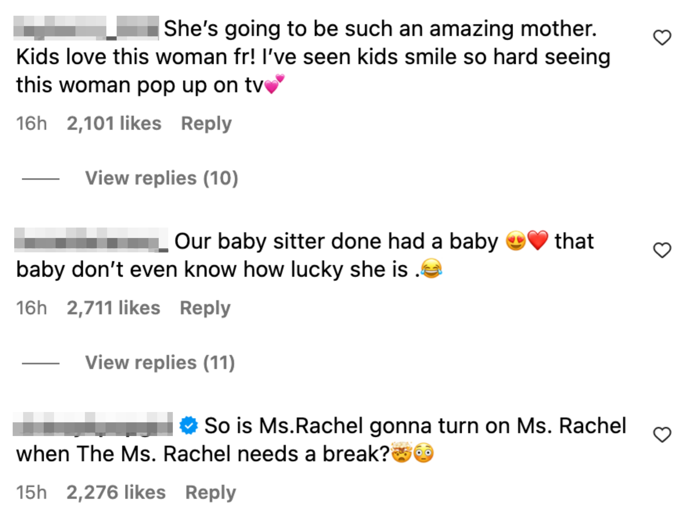 Comments celebrating Ms. Rachel welcoming her second child