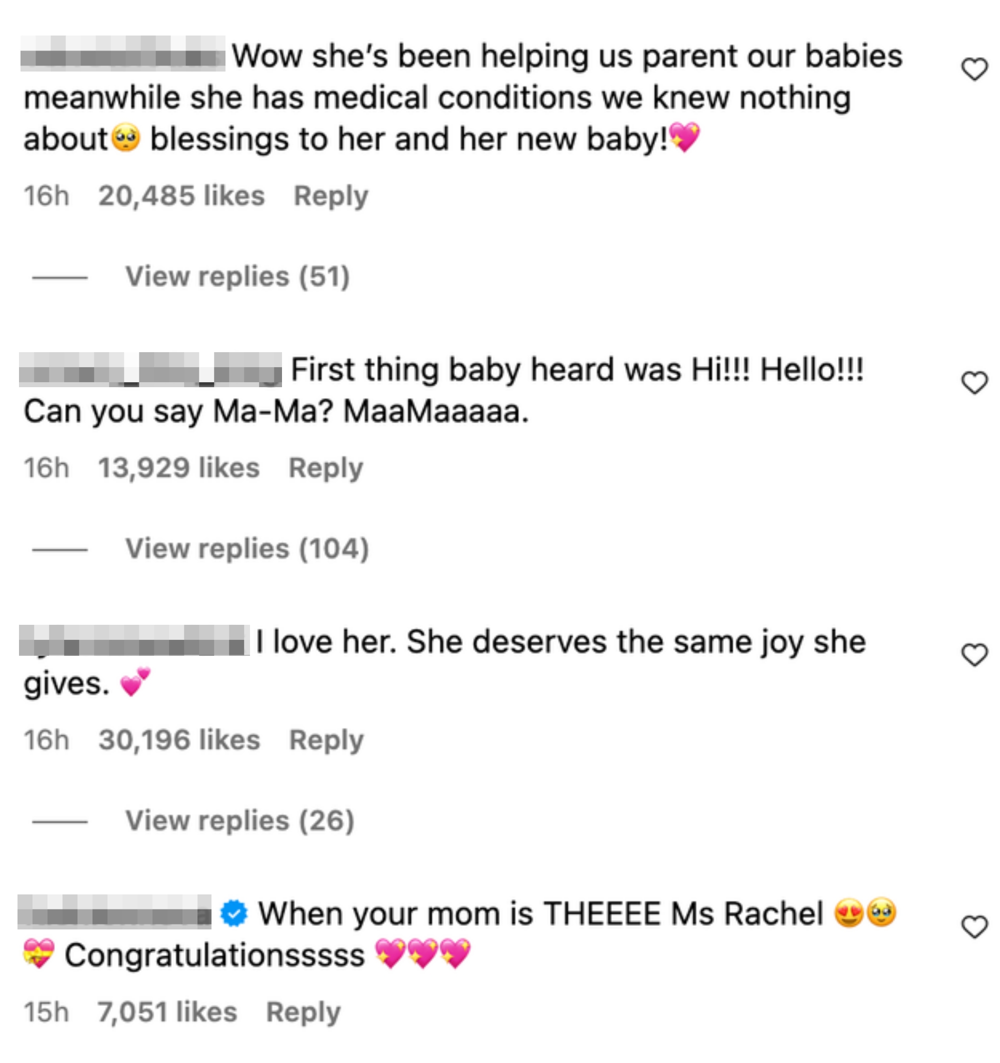 Commenters express admiration and congratulations for Ms. Rachel, mentioning their helpfulness and a new baby
