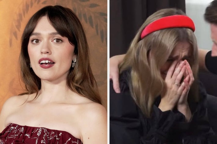 Left: Person in a strapless dress with earrings. Right: Person wiping tears, wearing a red headband