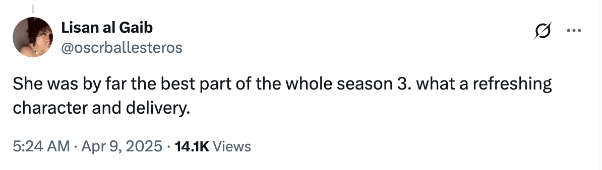 Tweet praising an actress's performance in season 3, calling her a refreshing character and delivery