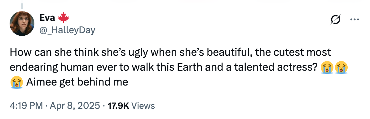 Tweet praising Aimee's beauty and talent as an actress, expressing disbelief and admiration