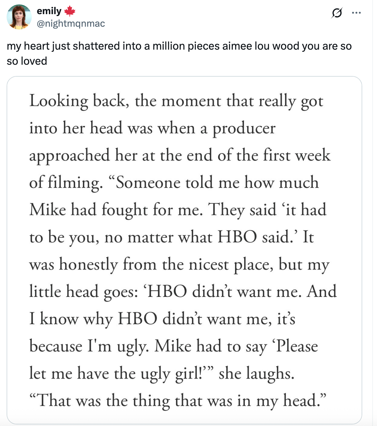 Tweet from Emily, reacting emotionally to actress Aimee Lou Wood's statement about feeling valued despite being told HBO didn’t want her