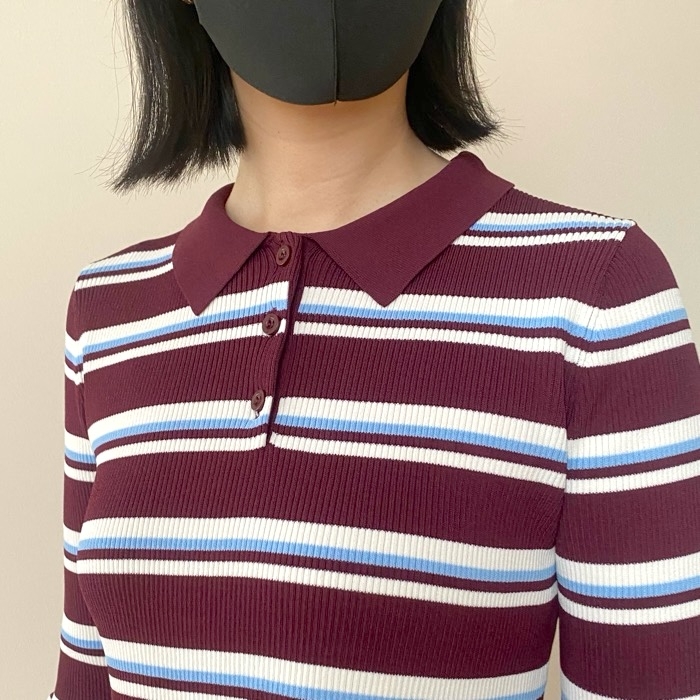 GUの「ボーダーリブポロセーター(7分袖)by rokh」