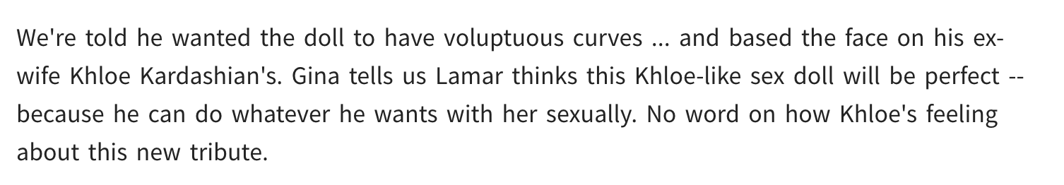 Snippet from a TMZ article discussing a doll modeled after Khloe Kardashian, designed by Lamar to resemble her, highlighting control over its features