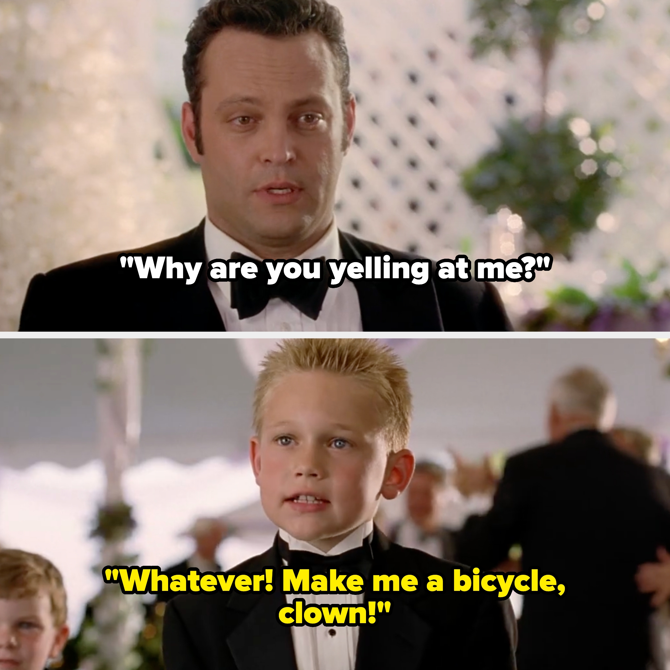 Two people in tuxedos at a wedding setting; one is an adult, the other a young child