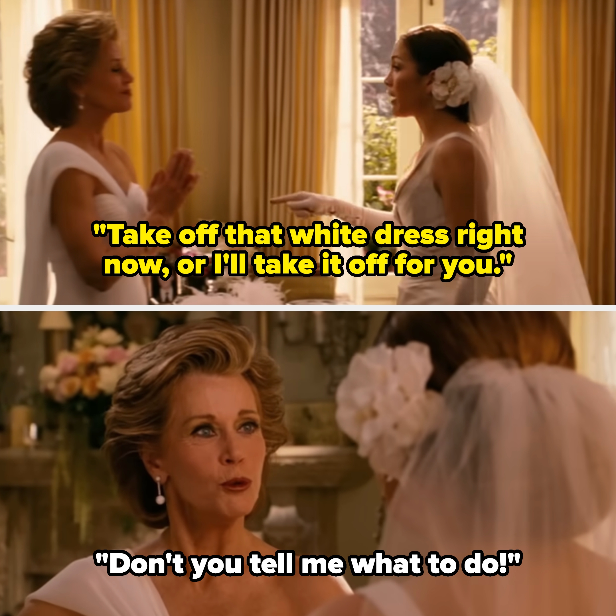 Two women in elegant gowns, one wearing a bridal veil with large floral detail, in a formal setting, engage in a conversation