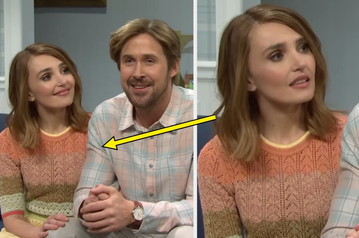 Chloe Fineman and Ryan Gosling sit closely on a couch during an SNL sketch